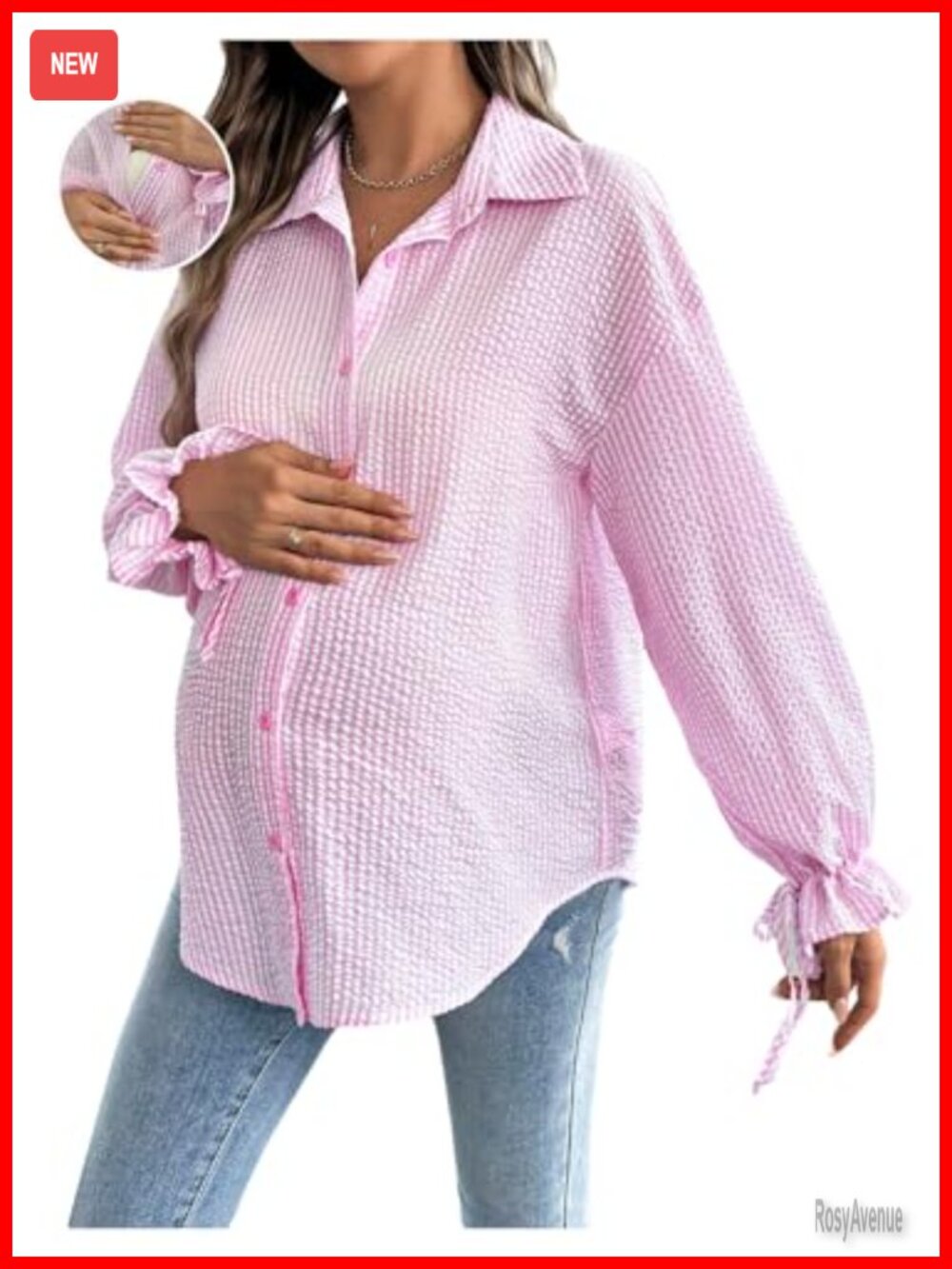 Maternity Blouse Striped Collared Neck Flared Sleeve Business Casual Shirt